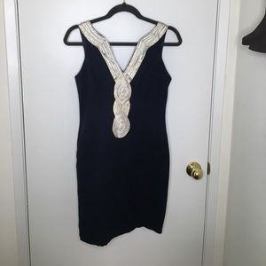 Navy Blue Gold Silver Metallic Sheath Dress